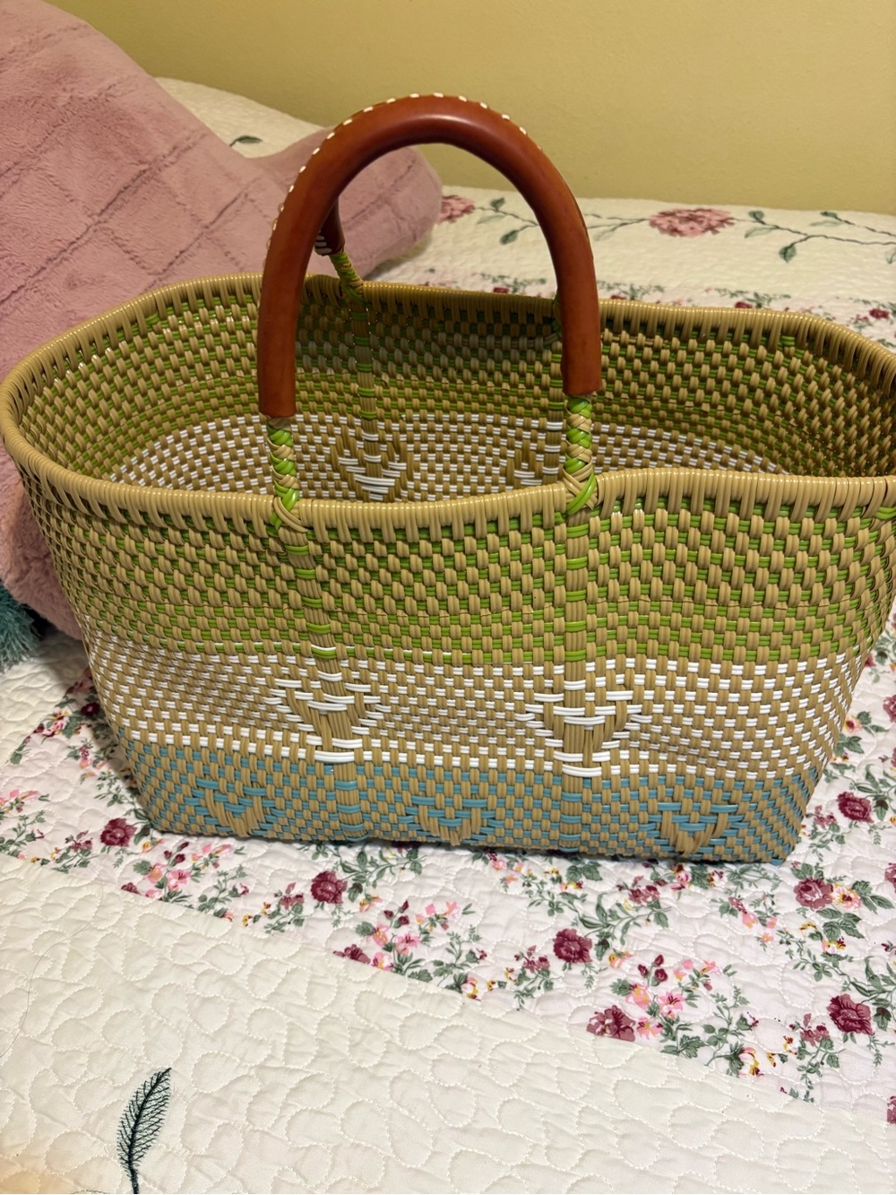 Woven Straw Market Tote with Brown Handles - Green/Blue/White